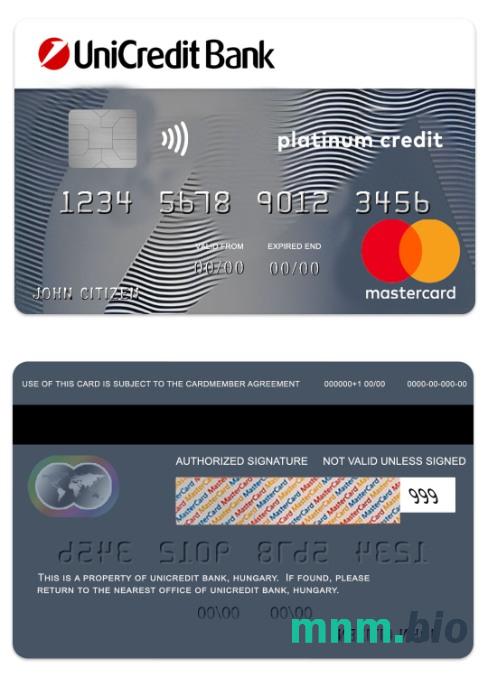 Hungary UniCredit Bank platyna credit przykład karty mastercard w formacie PSD